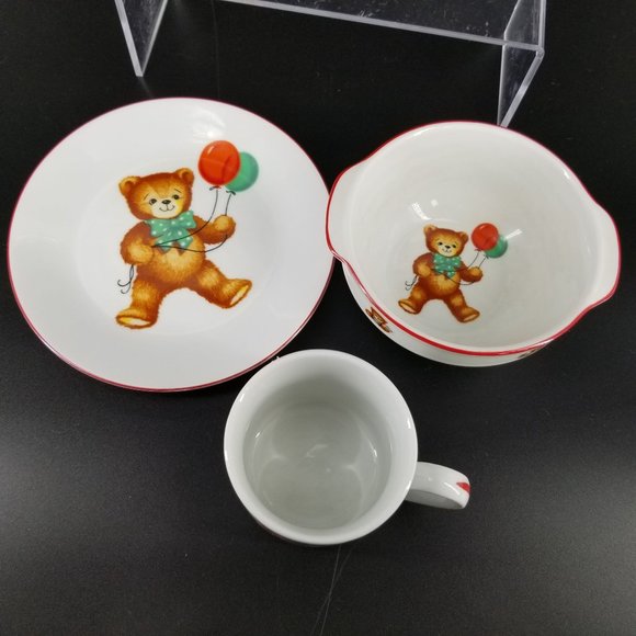 Vintage Reutter Child Kid Feeding Dish Set 3 Teddy Bears Red Porcelain Germany - Picture 3 of 12